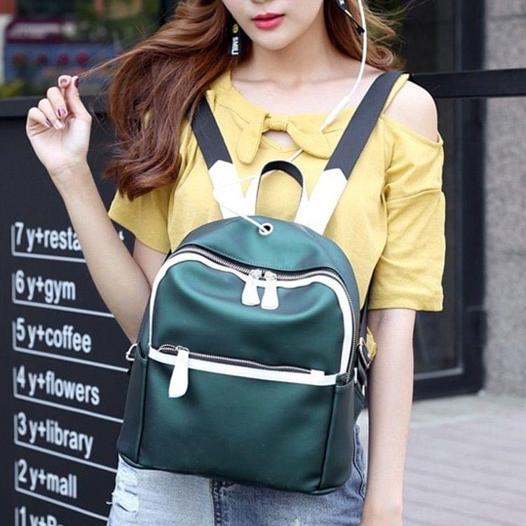 PU Leather Double Shoulders School Bag Travel Backpack Bag with Earphone Line Hole (Green)