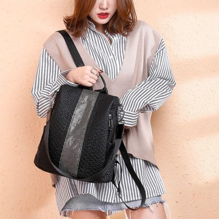 Anti-theft Sequin PU Leather Double Shoulders Backpack Bag Ladies Handbag (Black)