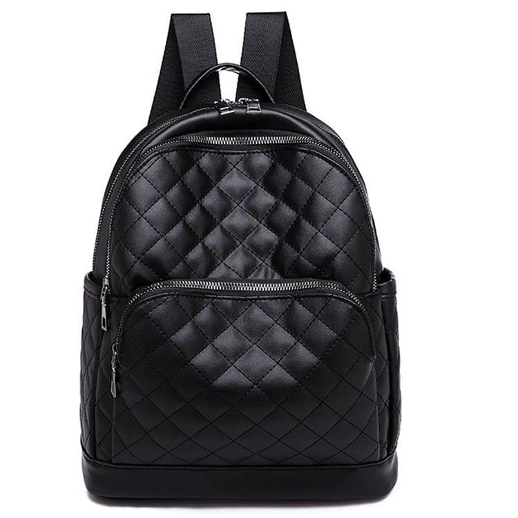 Rhombus Texture Soft PU Leather Double Shoulders School Bag Travel Backpack Bag (Black)
