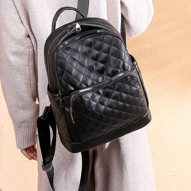 Rhombus Texture Soft PU Leather Double Shoulders School Bag Travel Backpack Bag (Black)