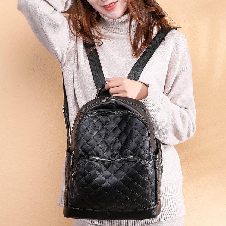 Rhombus Texture Soft PU Leather Double Shoulders School Bag Travel Backpack Bag (Black)