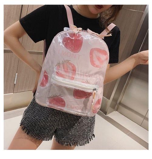 Printed Fruit Pattern Clear Plastic Surface Double Shoulders Bag Ladies Backpack Bag (Pink)