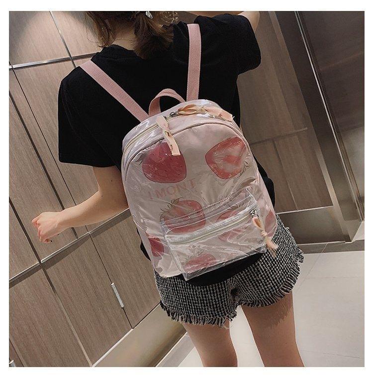 Printed Fruit Pattern Clear Plastic Surface Double Shoulders Bag Ladies Backpack Bag (Pink)