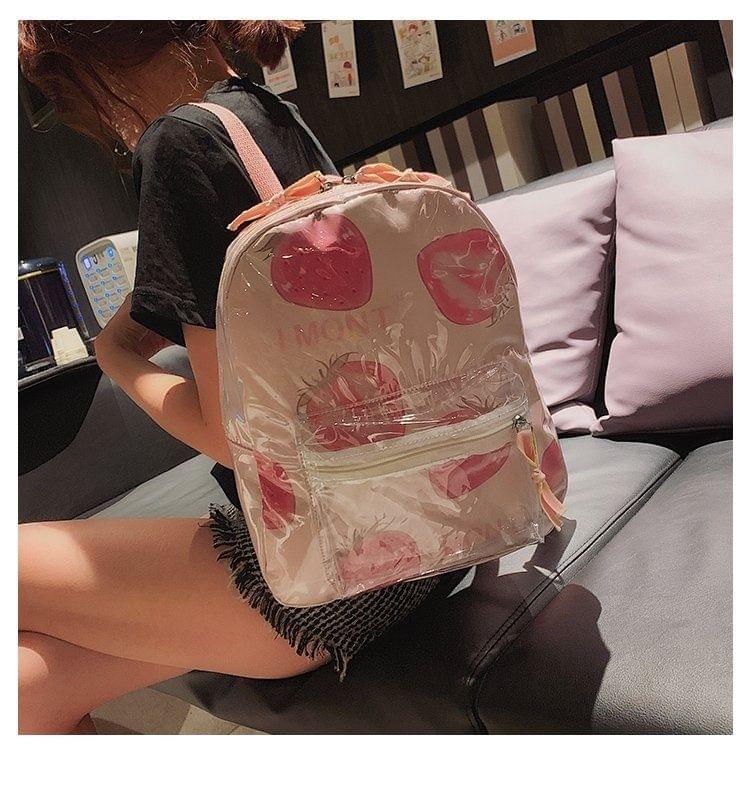 Printed Fruit Pattern Clear Plastic Surface Double Shoulders Bag Ladies Backpack Bag (Pink)