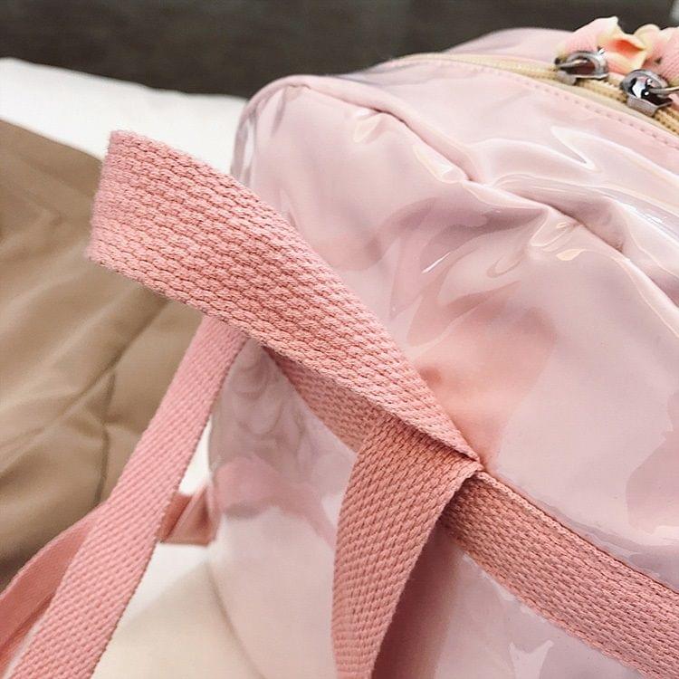 Printed Fruit Pattern Clear Plastic Surface Double Shoulders Bag Ladies Backpack Bag (Pink)