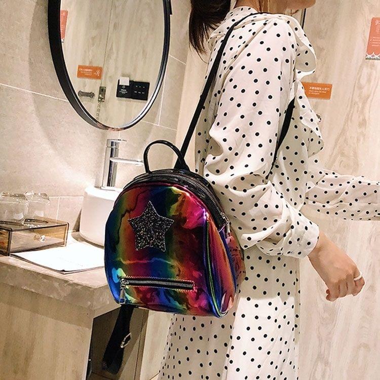 Star Glitter Laser Color PU Leather Double Shoulders Bag Ladies Handbag Backpack Bag (Multi-colored)