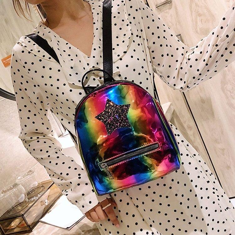 Star Glitter Laser Color PU Leather Double Shoulders Bag Ladies Handbag Backpack Bag (Multi-colored)