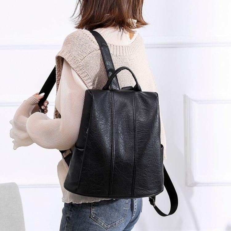 Solid Color Anti-theft PU Leather Double Shoulders Backpack Bag Ladies Handbag (Black)