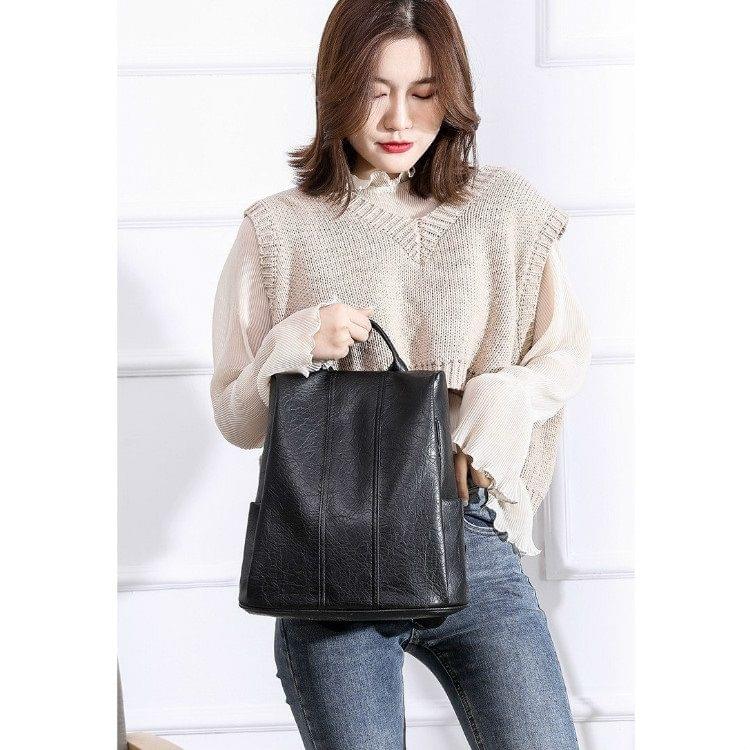 Solid Color Anti-theft PU Leather Double Shoulders Backpack Bag Ladies Handbag (Black)