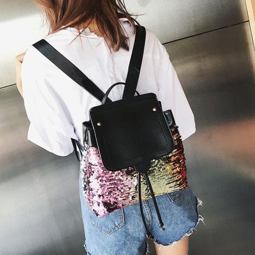 Sequin Drawstring PU Leather Double Shoulders Girl School Bag Backpack Travel Bag (Pink)