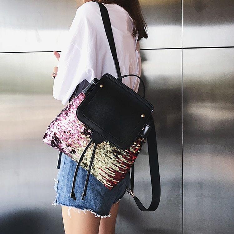Sequin Drawstring PU Leather Double Shoulders Girl School Bag Backpack Travel Bag (Pink)