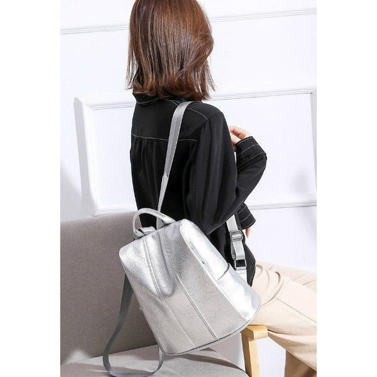 Solid Color Anti-theft PU Leather Double Shoulders Backpack Bag Ladies Handbag (Silver)