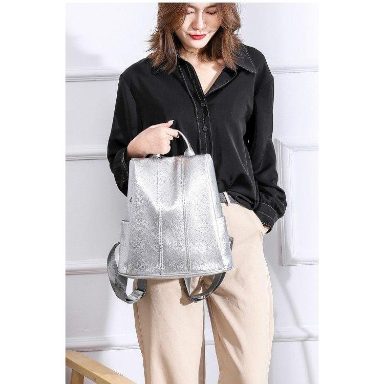 Solid Color Anti-theft PU Leather Double Shoulders Backpack Bag Ladies Handbag (Silver)