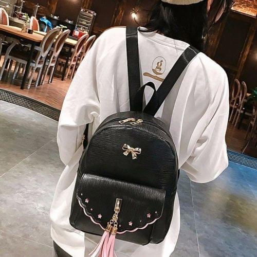 Bow PU Leather Double Side Zippers Double Shoulders School Bag Travel Backpack Bag (Black)
