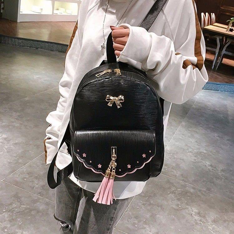 Bow PU Leather Double Side Zippers Double Shoulders School Bag Travel Backpack Bag (Black)