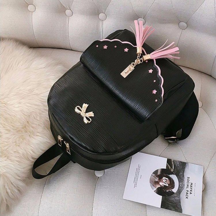 Bow PU Leather Double Side Zippers Double Shoulders School Bag Travel Backpack Bag (Black)