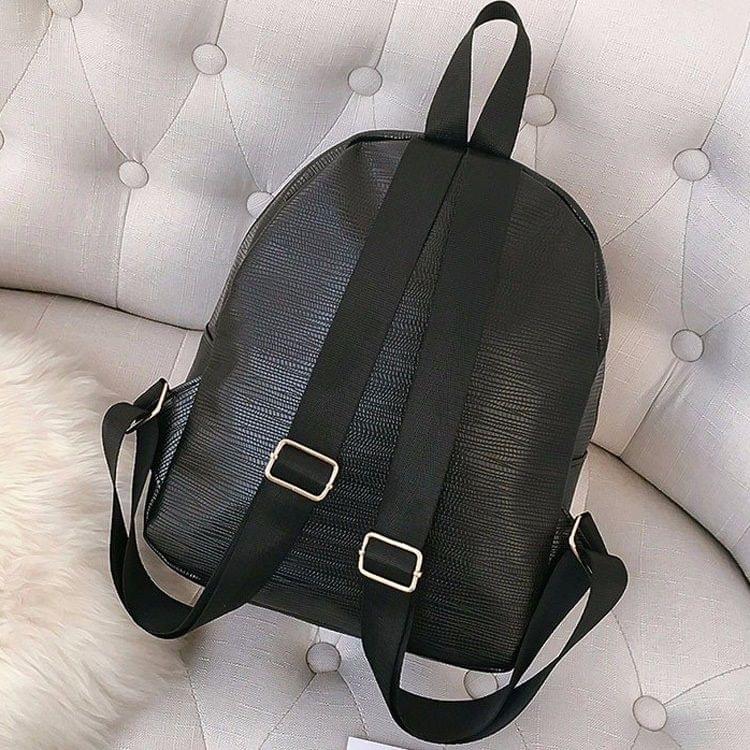 Bow PU Leather Double Side Zippers Double Shoulders School Bag Travel Backpack Bag (Black)
