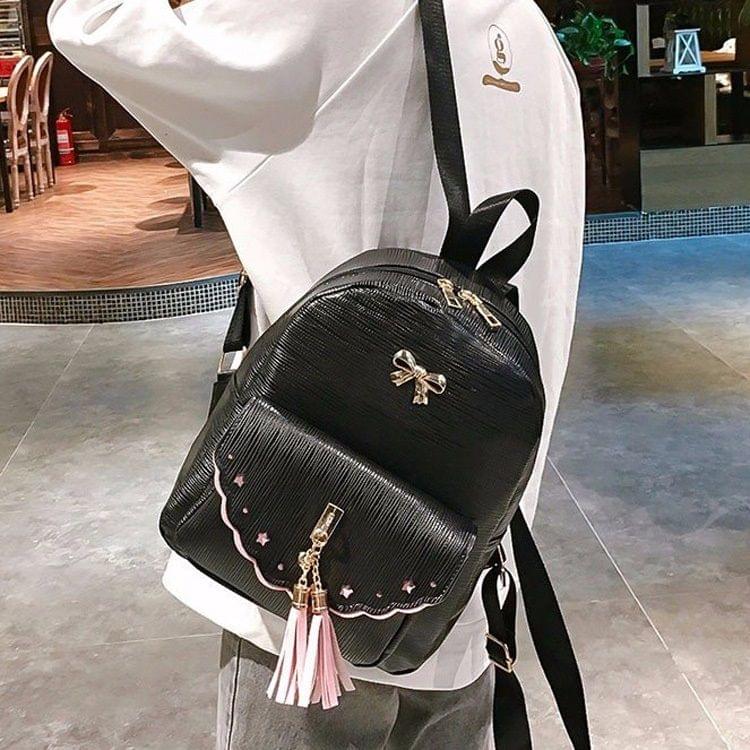 Bow PU Leather Double Side Zippers Double Shoulders School Bag Travel Backpack Bag (Black)