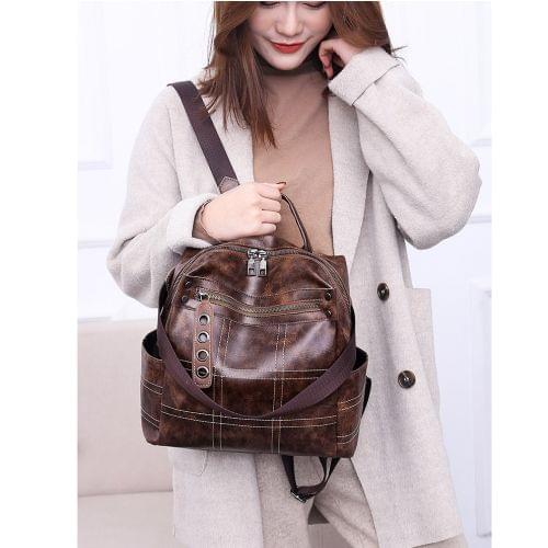 Fashion Retro PU Leather Ladies Double Shoulders Backpack Handbag Single-shoulder Bag (Brown)