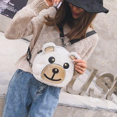 Bear Head Shape Casual Plush Double Shoulders Bag (White)