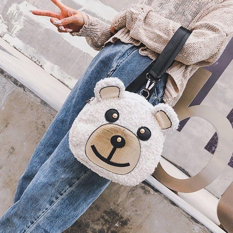 Bear Head Shape Casual Plush Double Shoulders Bag (White)