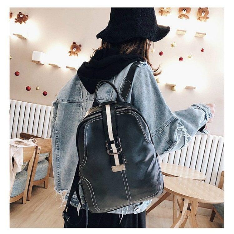 Retro PU Leather Backpack Womens Handbag Double Shoulders Bag (Black)