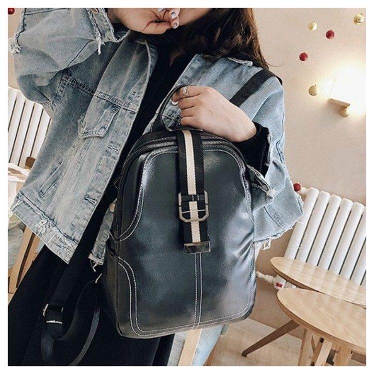 Retro PU Leather Backpack Womens Handbag Double Shoulders Bag (Black)