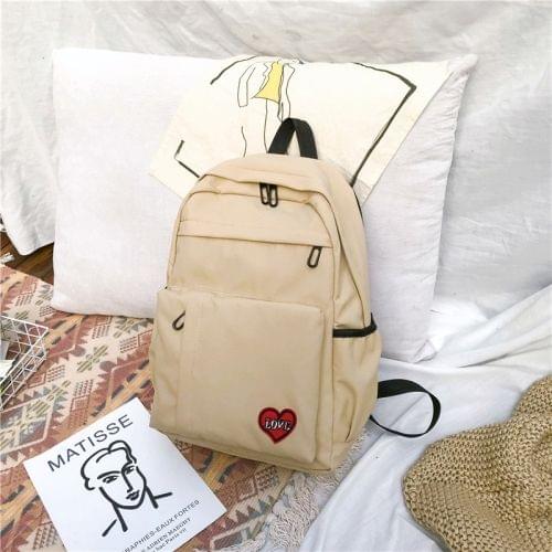 Pure Color Heart Nylon Double Shoulders School Bag Travel Backpack Bag (Khaki)