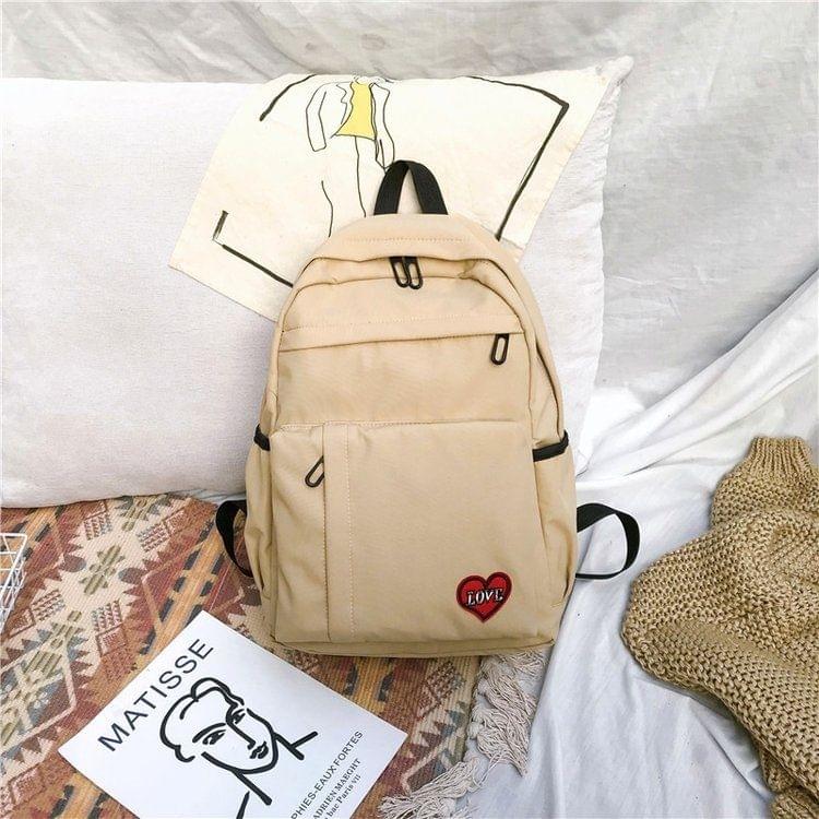 Pure Color Heart Nylon Double Shoulders School Bag Travel Backpack Bag (Khaki)