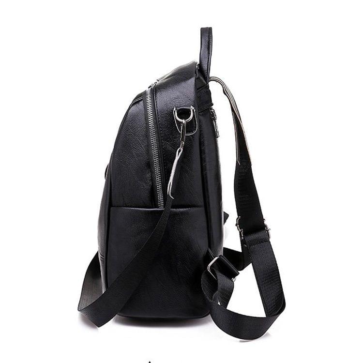 PU Leather Double Shoulders School Bag Travel Backpack Bag with Earphone Hole