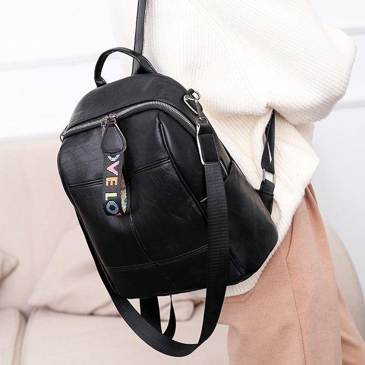 PU Leather Double Shoulders School Bag Travel Backpack Bag with Earphone Hole