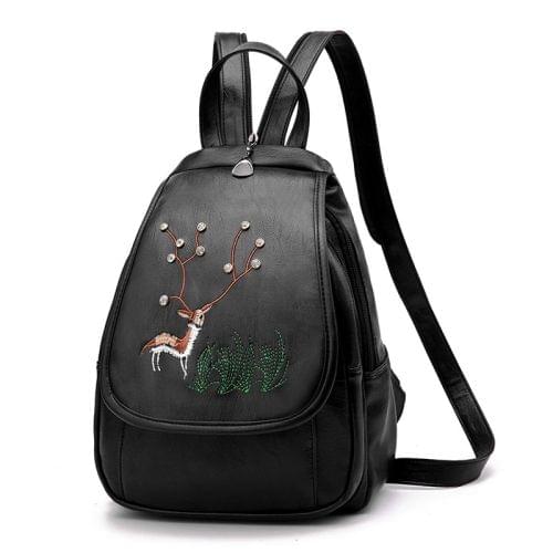 Leisure Fashion PU Embroidered Backpack Double Shoulder Bag Handbag(Black)