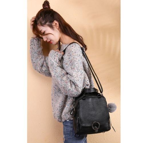 Solid Color Casual PU Leather Shoulder Backpack Ladies Messenger Bag with Plush Ball (Black)