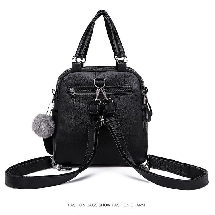 Solid Color Casual PU Leather Shoulder Backpack Ladies Messenger Bag with Plush Ball (Black)