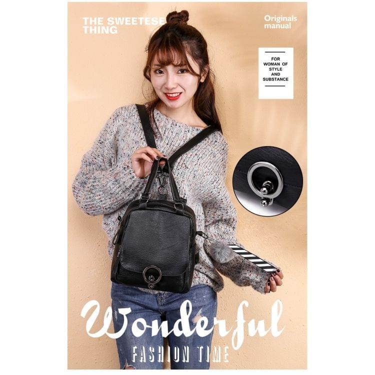 Solid Color Casual PU Leather Shoulder Backpack Ladies Messenger Bag with Plush Ball (Black)
