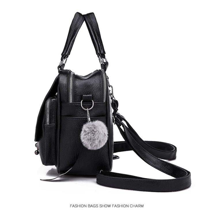 Solid Color Casual PU Leather Shoulder Backpack Ladies Messenger Bag with Plush Ball (Black)
