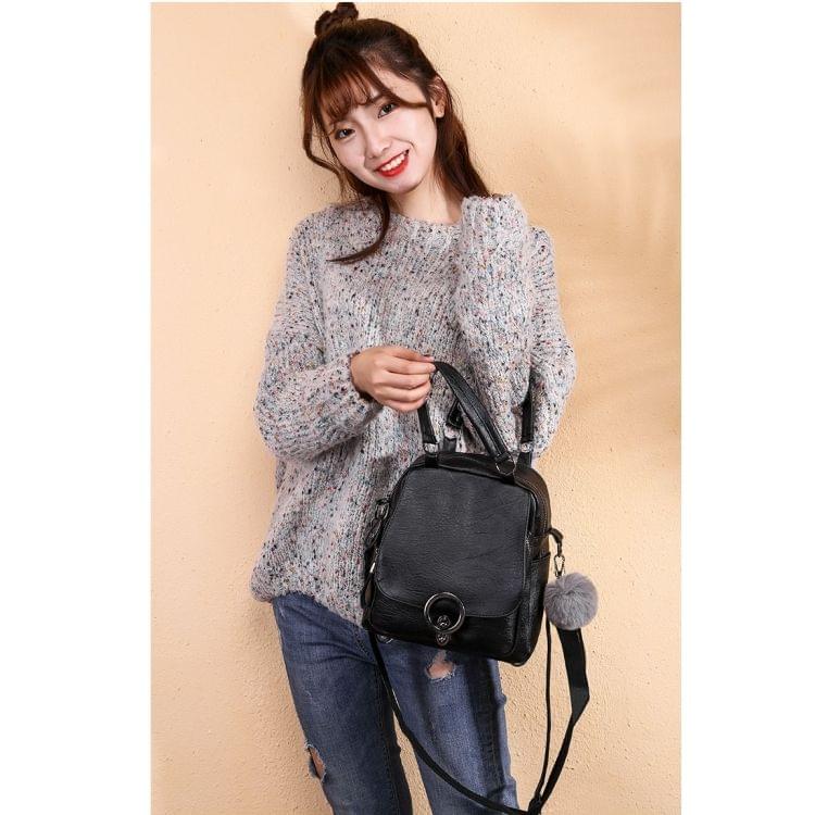 Solid Color Casual PU Leather Shoulder Backpack Ladies Messenger Bag with Plush Ball (Black)