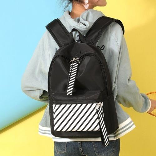 Casual Striped Waterproof Nylon Backpack Handbag (Black)
