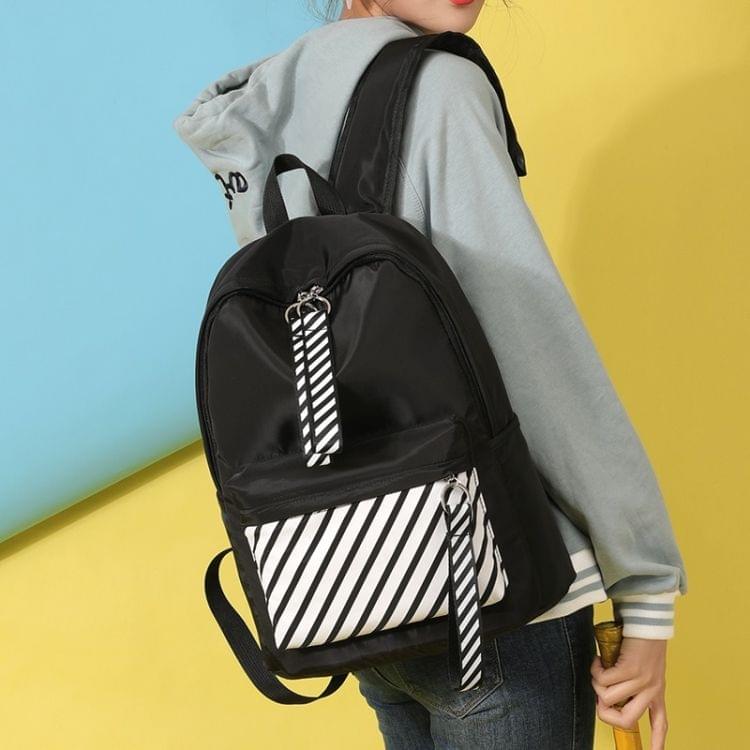 Casual Striped Waterproof Nylon Backpack Handbag (Black)