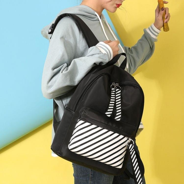 Casual Striped Waterproof Nylon Backpack Handbag (Black)