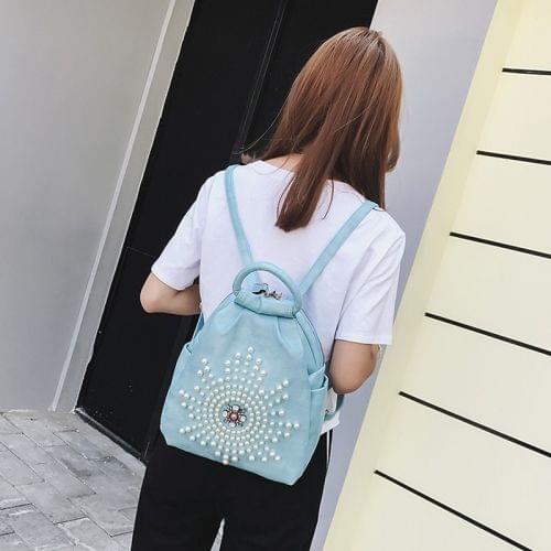 Pearl Sun PU Leather Double Shoulders School Bag Travel Backpack Bag (Blue)