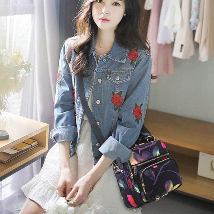 Flower Pattern Multi-function Leisure Fashion Oxford Cloth Slant Shoulder Bag Double Shoulders Bag Handbag (Black)