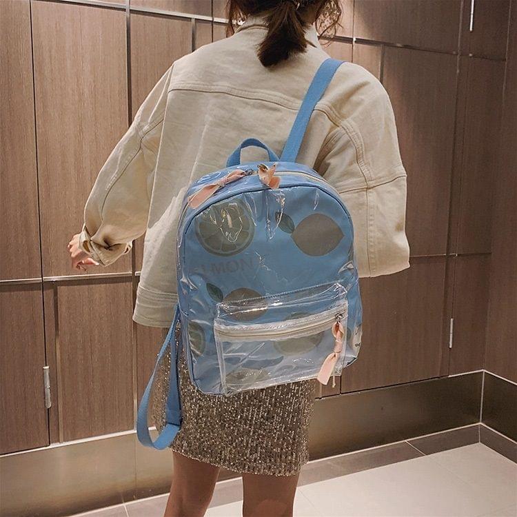 Printed Fruit Pattern Clear Plastic Surface Double Shoulders Bag Ladies Backpack Bag (Blue)
