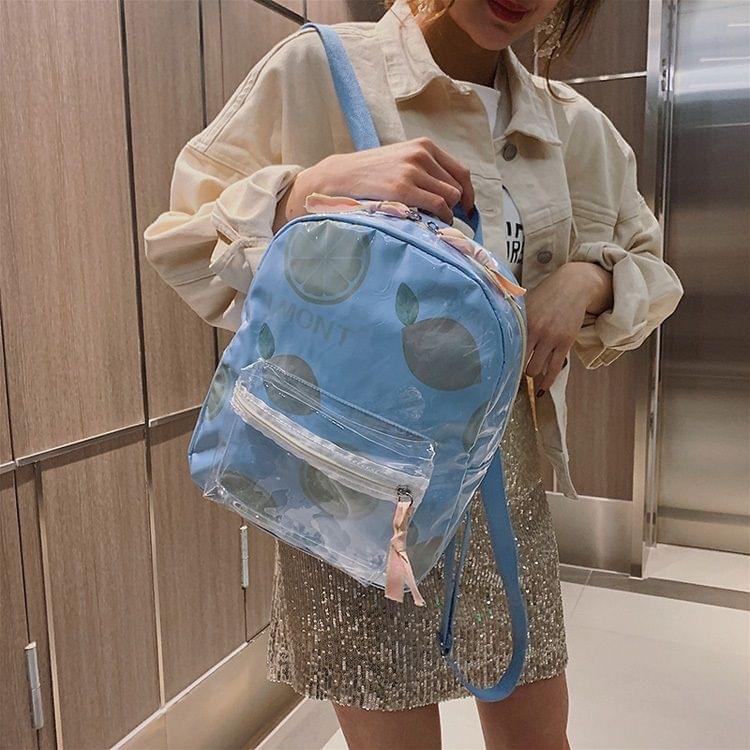 Printed Fruit Pattern Clear Plastic Surface Double Shoulders Bag Ladies Backpack Bag (Blue)
