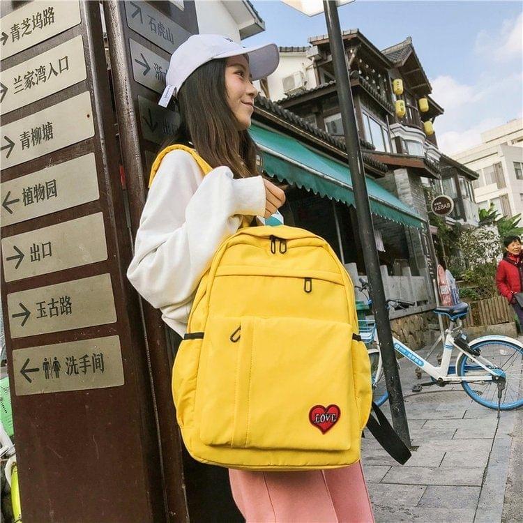 Pure Color Heart Nylon Double Shoulders School Bag Travel Backpack Bag (Yellow)