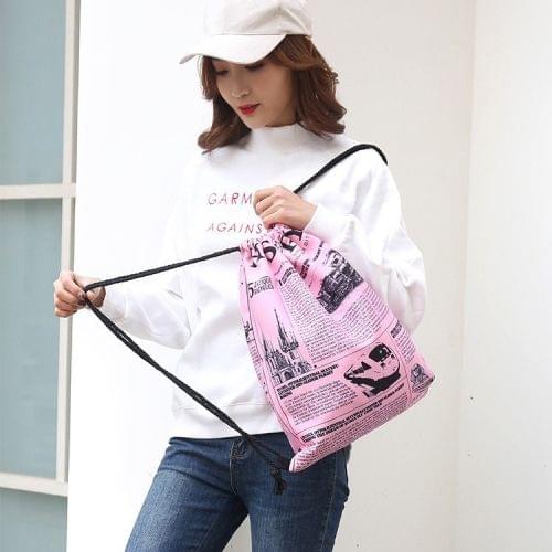 News Newspaper Pattern Printing Double Shoulders Drawstring Sports Backpack Bag (Pink)