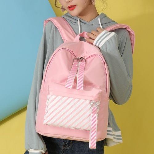 Casual Striped Waterproof Nylon Backpack Handbag (Pink)