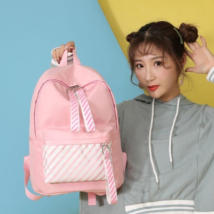 Casual Striped Waterproof Nylon Backpack Handbag (Pink)