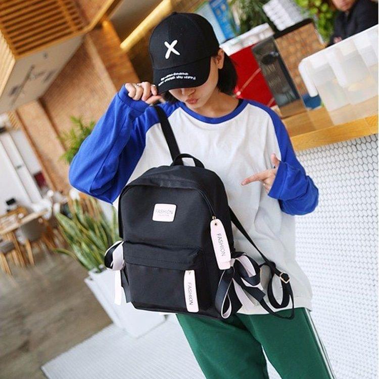 Ribbon Bow Double Shoulders School Bag Travel Backpack Bag (Black)