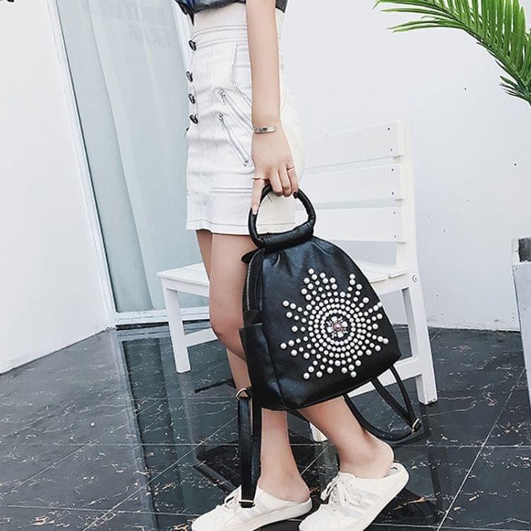 Pearl Sun PU Leather Double Shoulders School Bag Travel Backpack Bag (Black)